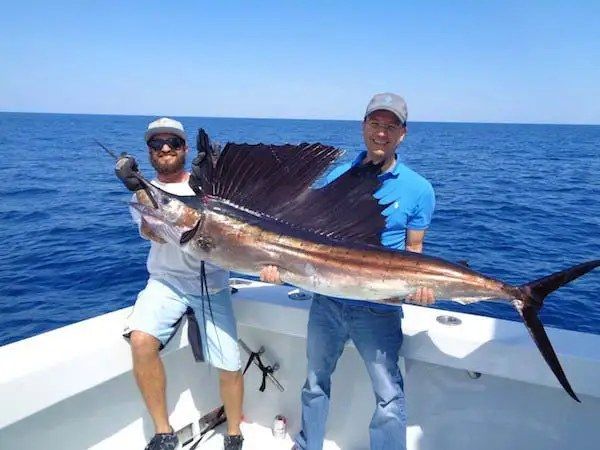 Two anglers holding a sailfish caught kitefishing aboard Spellbound, Miami